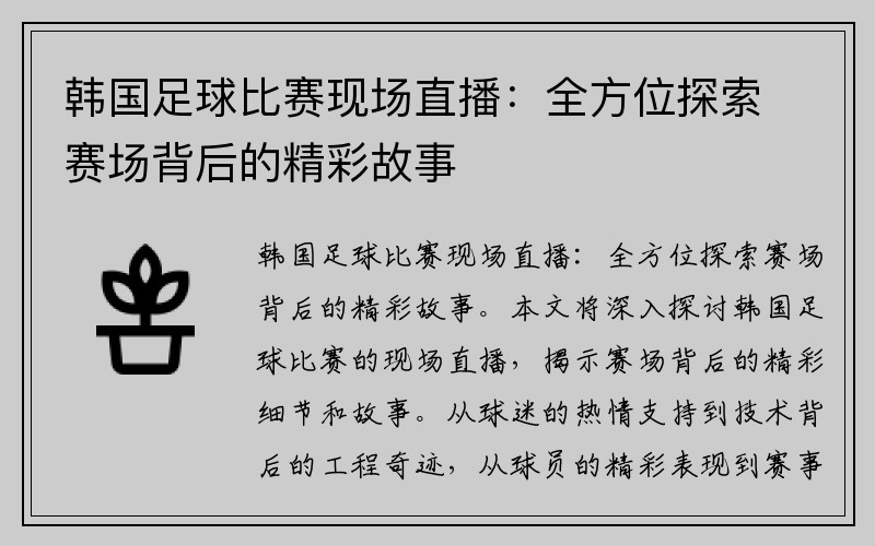 韩国足球比赛现场直播：全方位探索赛场背后的精彩故事