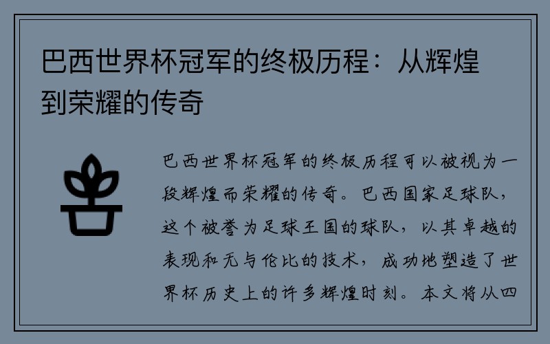 巴西世界杯冠军的终极历程：从辉煌到荣耀的传奇