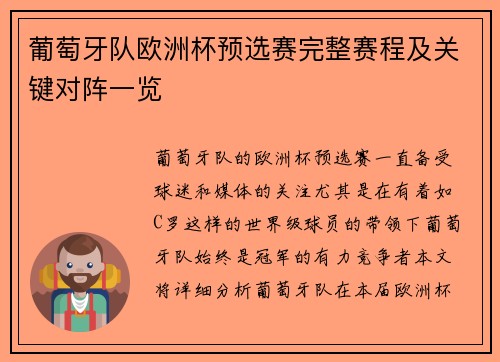 葡萄牙队欧洲杯预选赛完整赛程及关键对阵一览